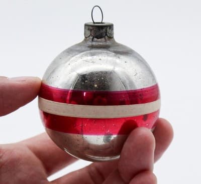 Shiny Brite Vintage Silvered Red & White Striped Ball Glass Christmas Ornament - Thumbnail 2
