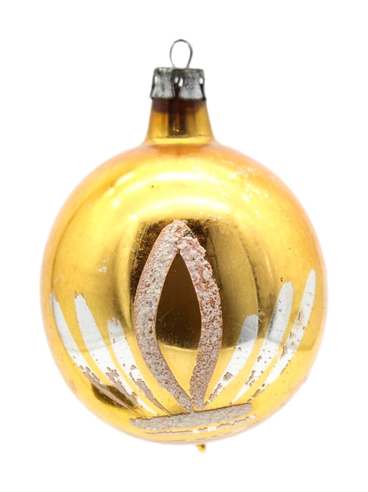 Vintage Made In Poland Gold White Mica Leave Motif Ball Glass Christmas Ornament - Image 1