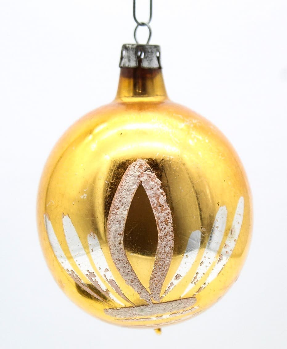 Vintage Made In Poland Gold White Mica Leave Motif Ball Glass Christmas Ornament - Thumbnail 5