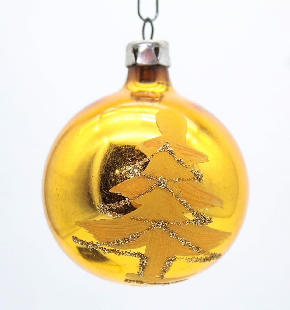 Vintage Hand Painted Poland Gold Glass Mica Christmas Tree Motif Ornament 2" - Thumbnail 7