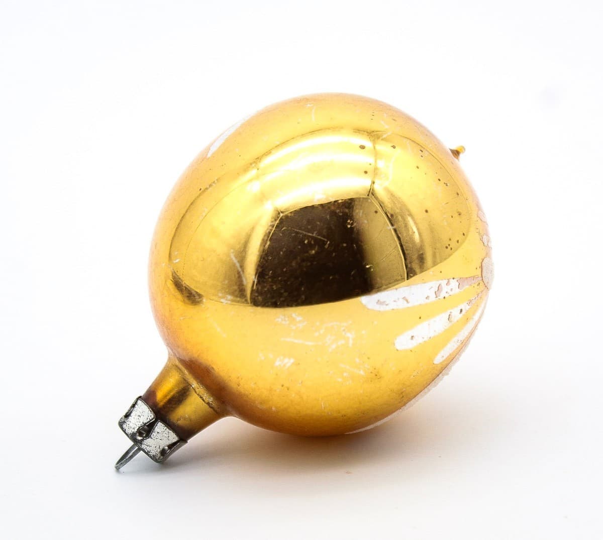 Vintage Made In Poland Gold White Mica Leave Motif Ball Glass Christmas Ornament - Thumbnail 6