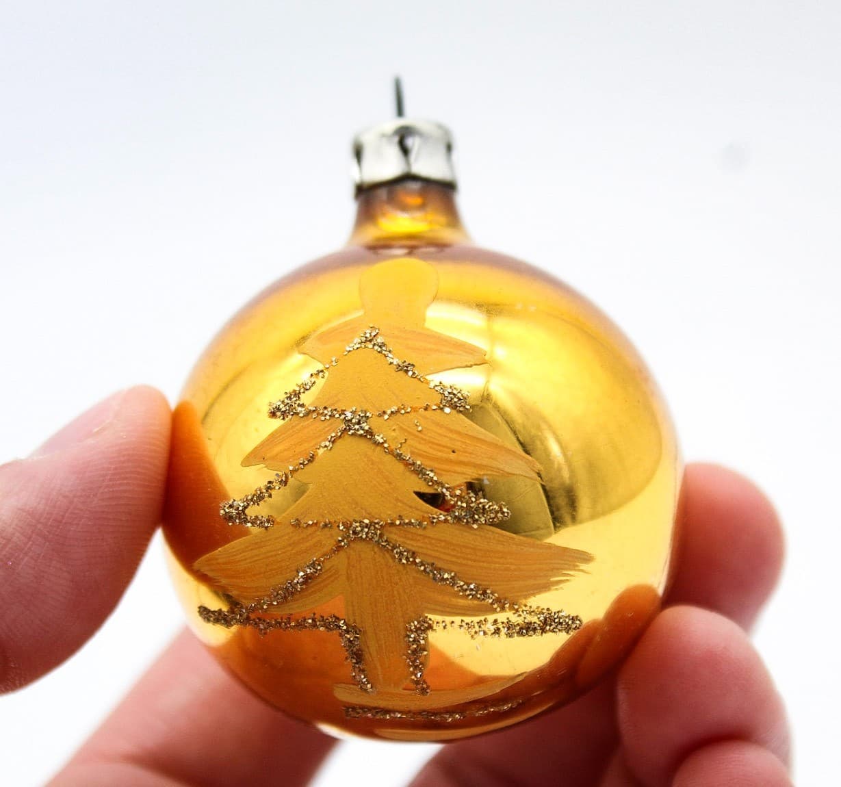 Vintage Hand Painted Poland Gold Glass Mica Christmas Tree Motif Ornament 2" - Thumbnail 5