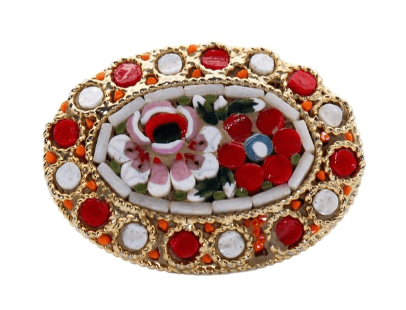 Vintage Italy Micro Mosaic Red Flower Bouquet Motif Oval Gold Tone Pin Brooch - Image 1