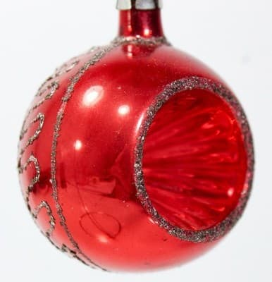 Vintage Made In Poland Indent Reflector Mica Red Glass Christmas Ornament - Thumbnail 2