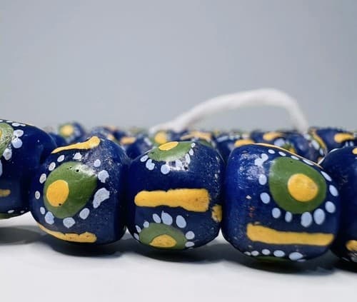 Vintage Hand Painted Blue Yellow Green Glass Beaded Necklace Strand - Thumbnail 2