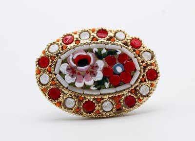 Vintage Italy Micro Mosaic Red Flower Bouquet Motif Oval Gold Tone Pin Brooch - Thumbnail 3