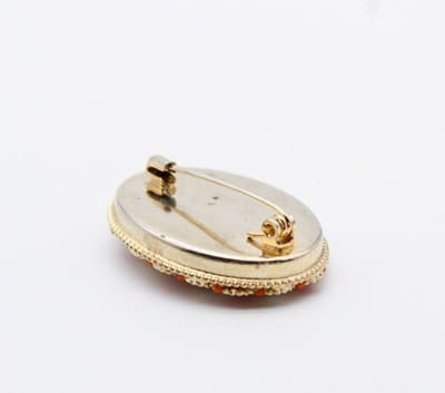 Vintage Italy Micro Mosaic Red Flower Bouquet Motif Oval Gold Tone Pin Brooch - Thumbnail 4