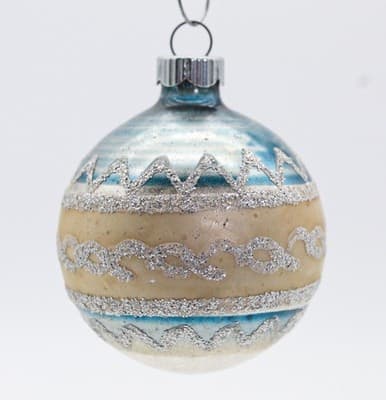 Vintagw SHINY BRITE Blue & Beige Mica Ornate Glass Christmas Ornament - Thumbnail 4