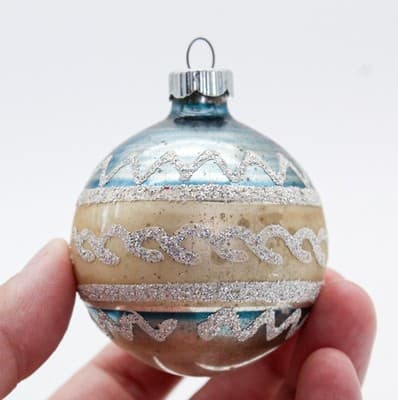 Vintagw SHINY BRITE Blue & Beige Mica Ornate Glass Christmas Ornament - Thumbnail 2