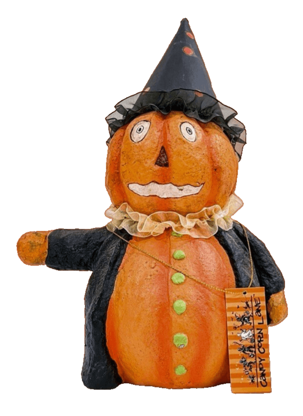 Vintage Candy Corn Lane Pumpkin Party Hat Folk Art Primitive Paper Mache Figure - Image 1