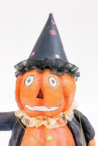 Vintage Candy Corn Lane Pumpkin Party Hat Folk Art Primitive Paper Mache Figure - Thumbnail 2