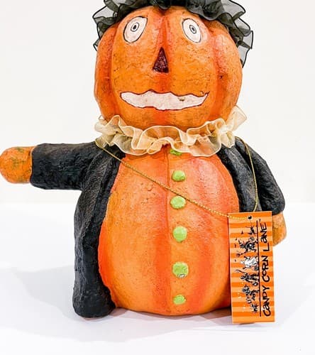 Vintage Candy Corn Lane Pumpkin Party Hat Folk Art Primitive Paper Mache Figure - Thumbnail 3