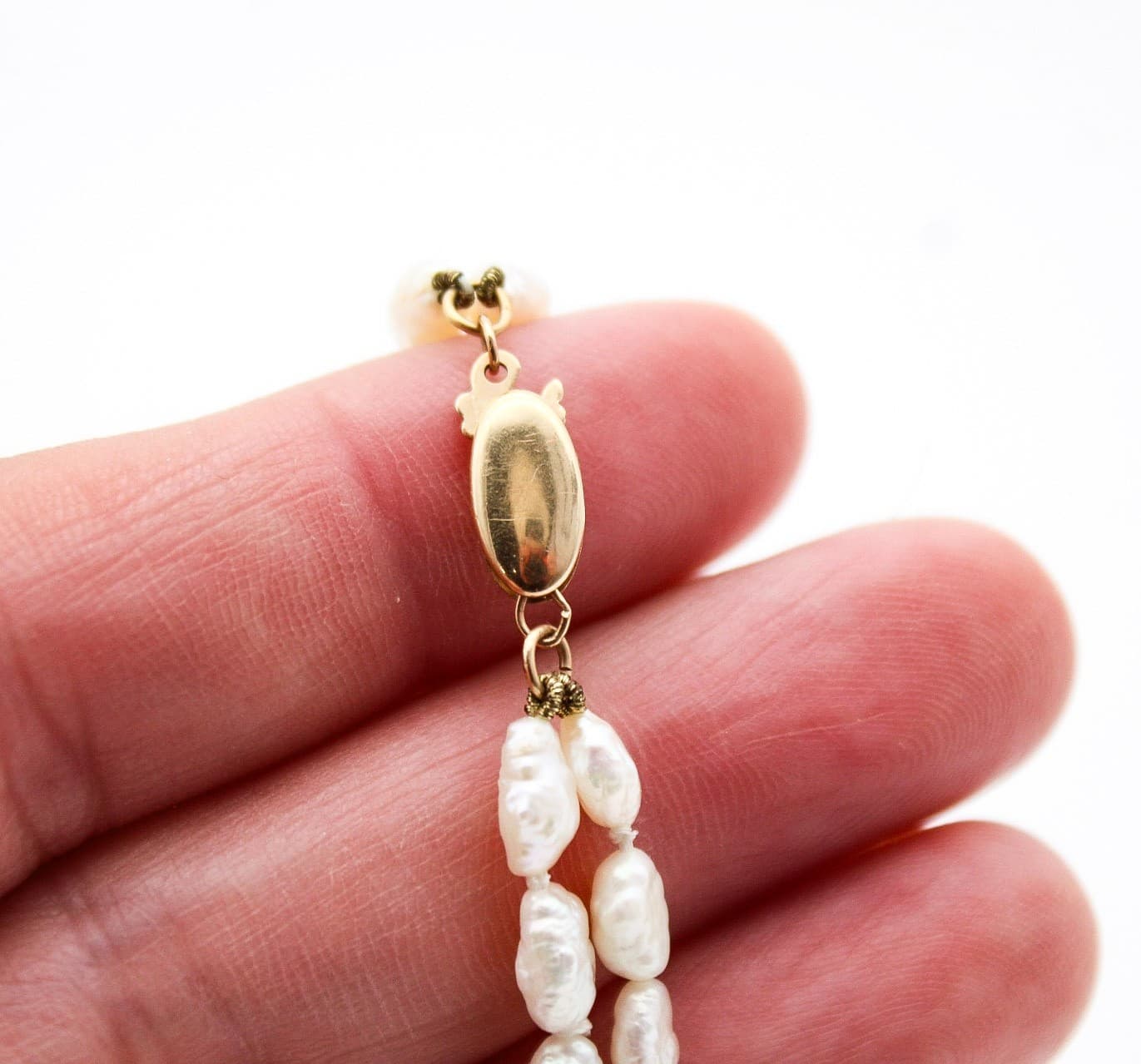 Vintage 14K Yellow Gold Double-Strand Freshwater Rice Pearl Necklace - Thumbnail 4