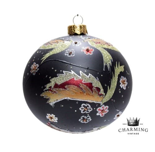 Vtg Hand Decorated Black Glittered Floral Large Glass Ball Christmas Ornament - Image 1