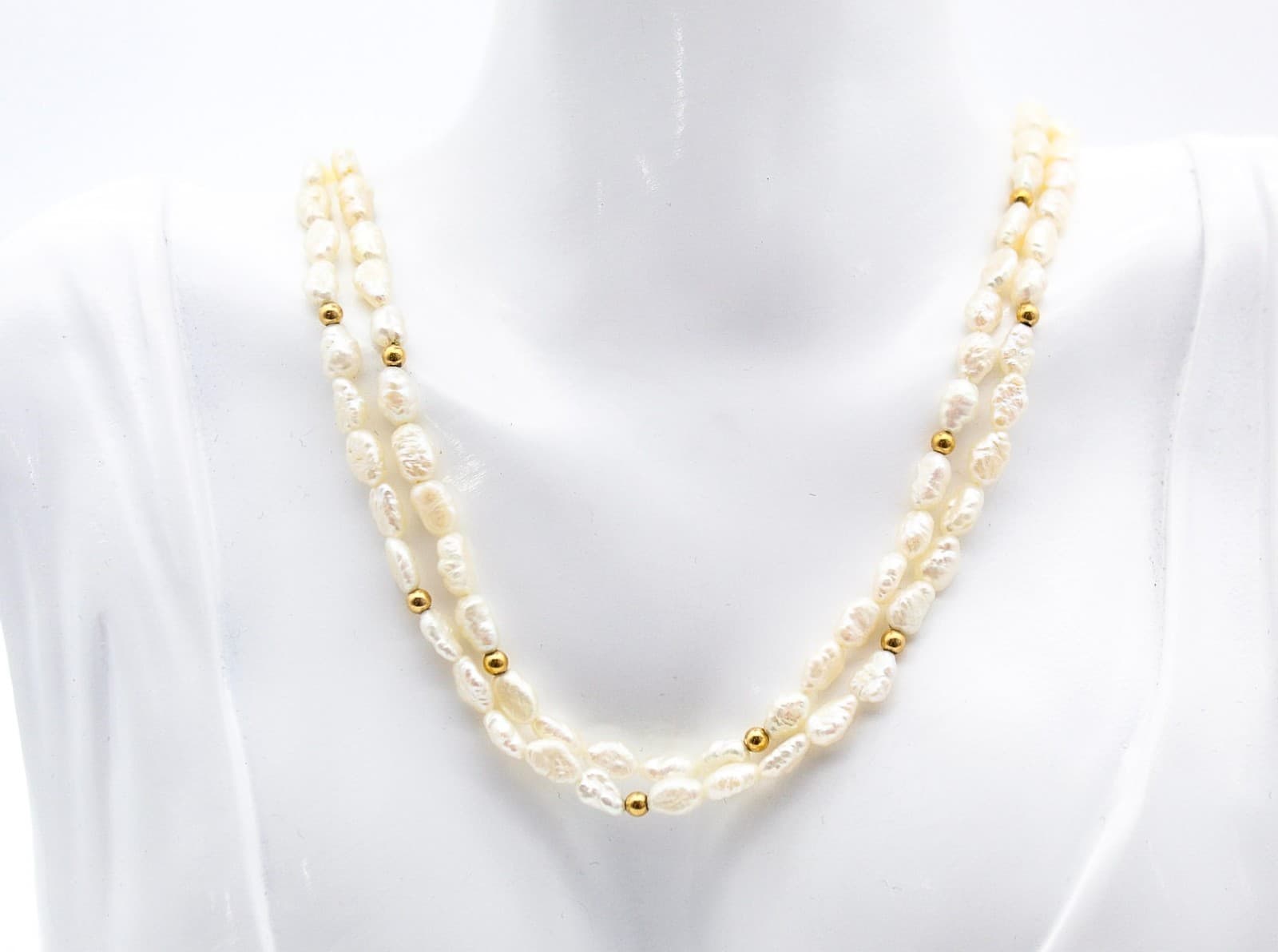 Vintage 14K Yellow Gold Double-Strand Freshwater Rice Pearl Necklace - Thumbnail 2