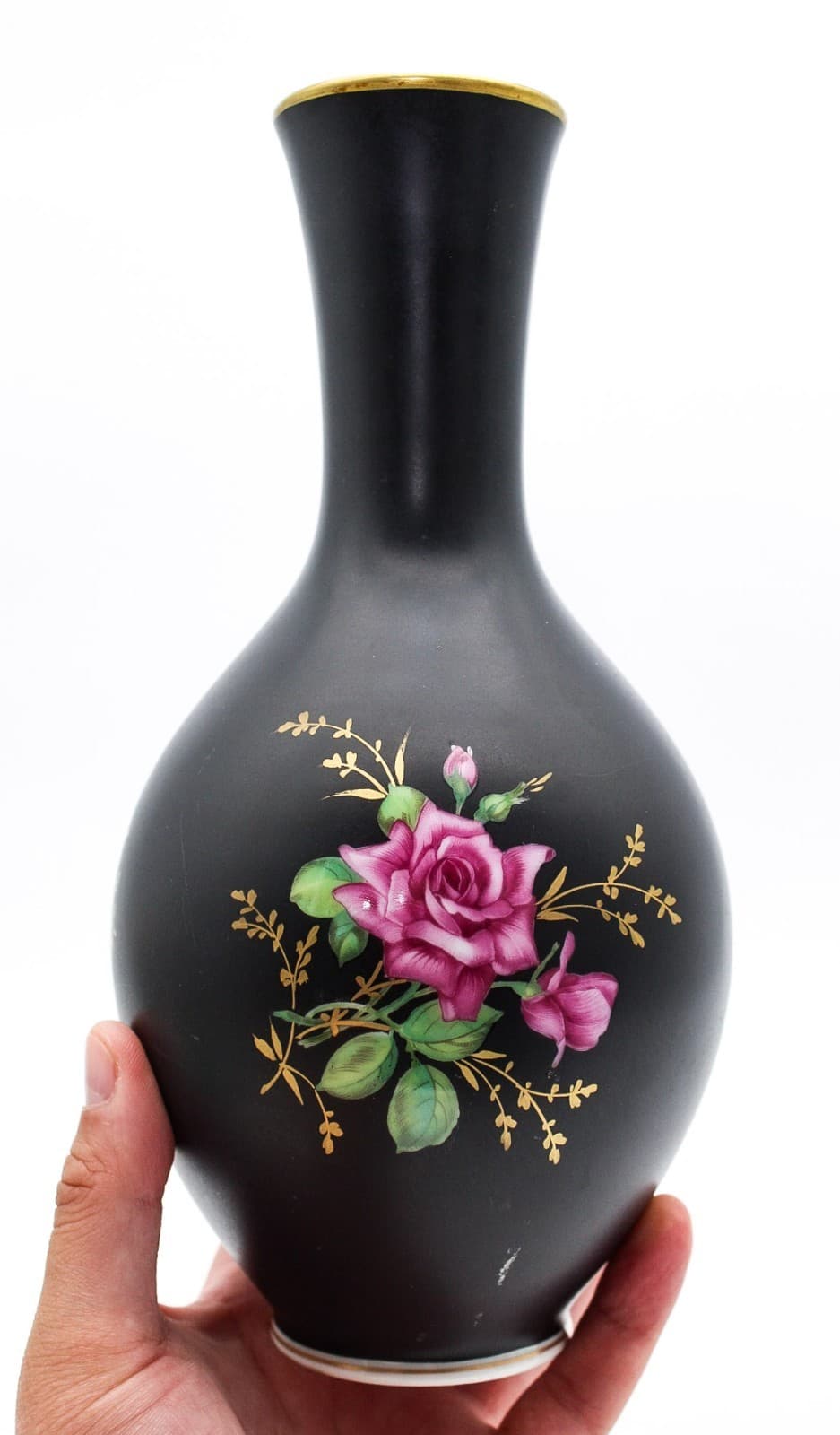 Vintage Rosenthal Germany Kunstabteilung Selb Rose Black Porcelain Vase 9.5" - Thumbnail 9
