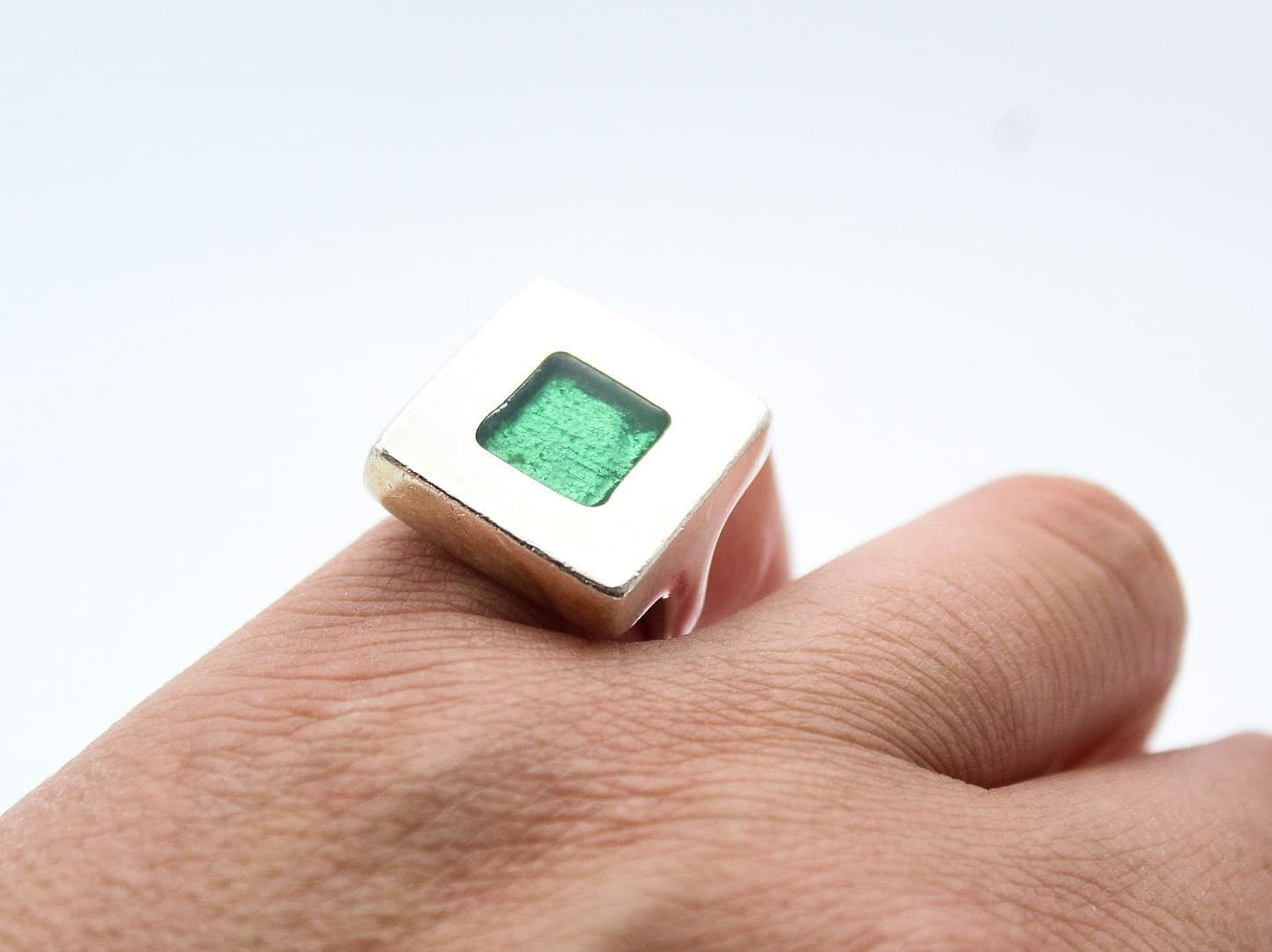 Dinosaur Designs Modernist 925 Sterling Silver Squared Green Glass Ring Size 6.5 - Thumbnail 7