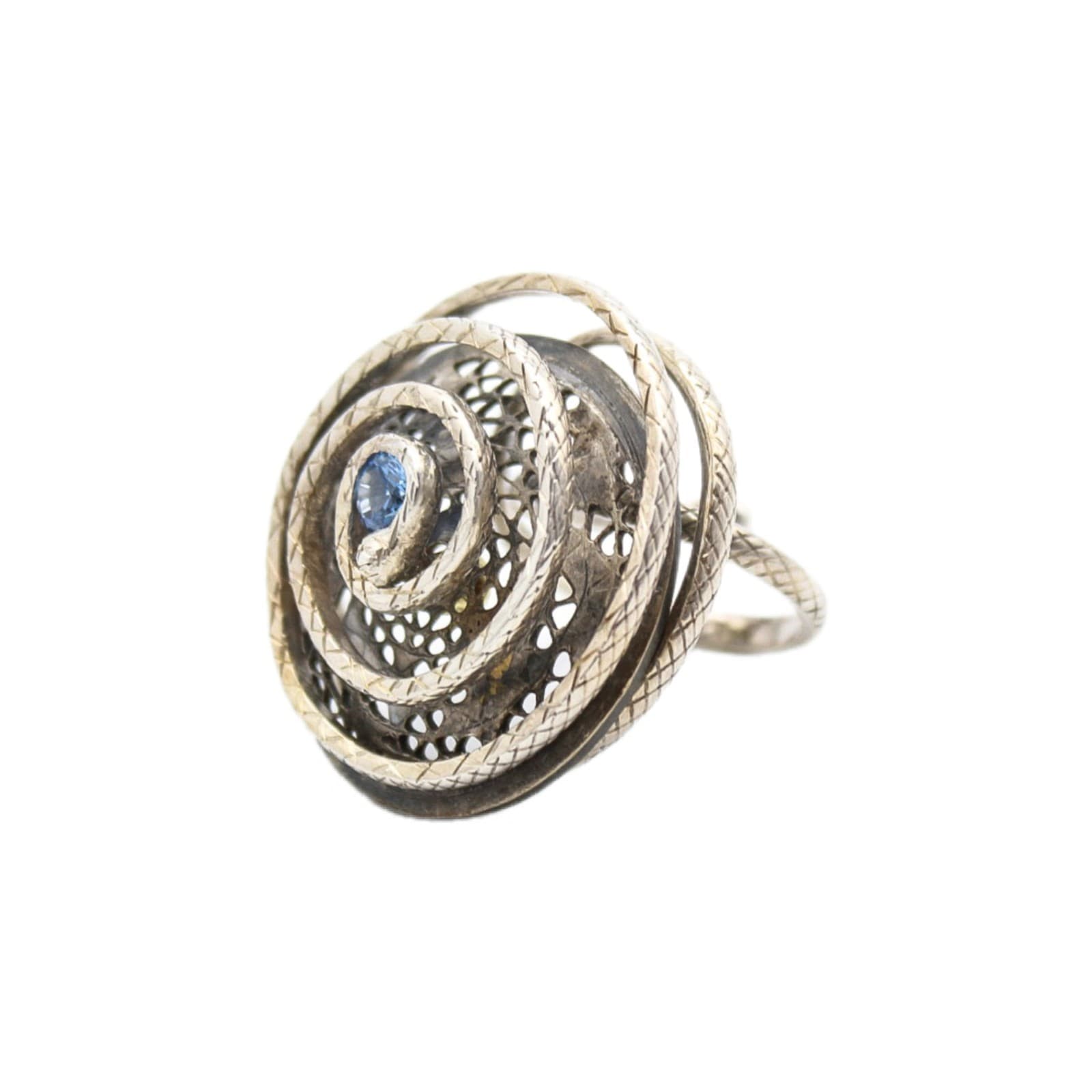 Vintage 925 Sterling Blue Sapphire Crystal Snake Spiral Vortex Ring Size 7 - Image 1