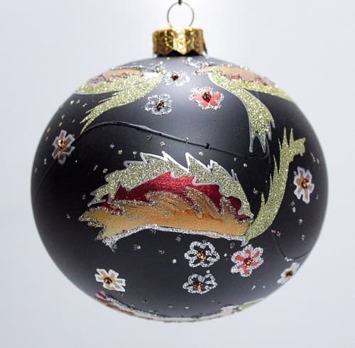 Vtg Hand Decorated Black Glittered Floral Large Glass Ball Christmas Ornament - Thumbnail 6