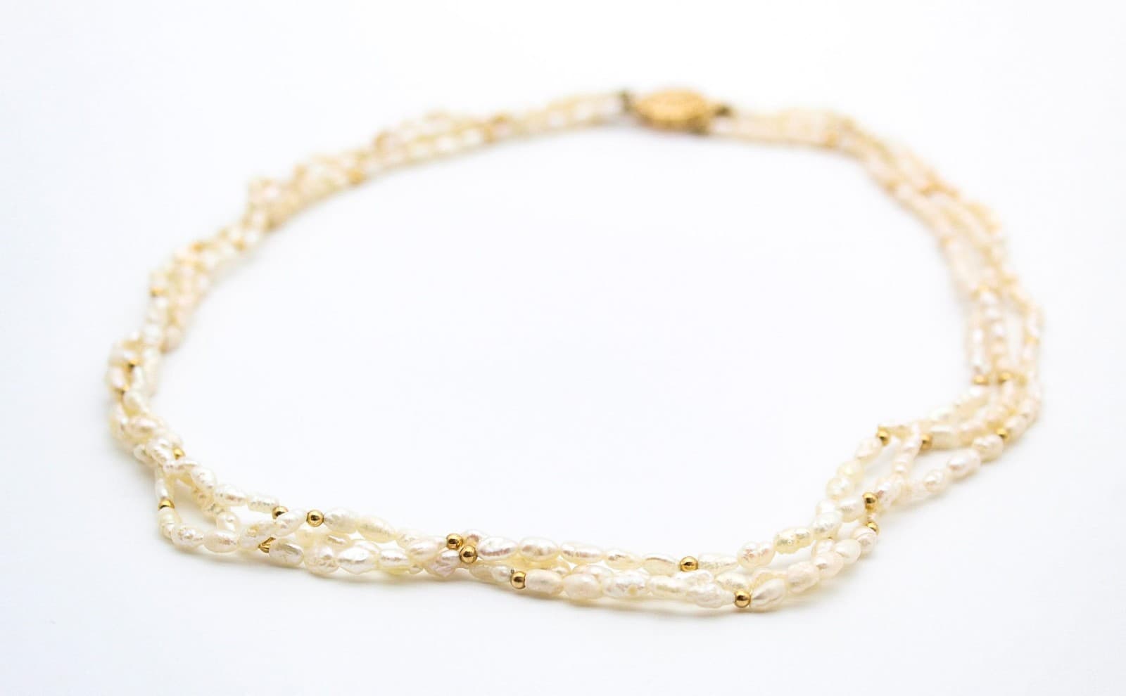 Vintage 14K Yellow Gold Triple-Strand Freshwater Rice Pearl Necklace - Thumbnail 7
