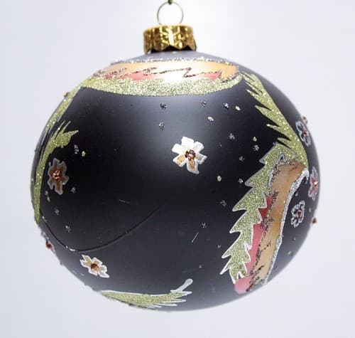 Vtg Hand Decorated Black Glittered Floral Large Glass Ball Christmas Ornament - Thumbnail 3