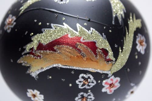 Vtg Hand Decorated Black Glittered Floral Large Glass Ball Christmas Ornament - Thumbnail 2