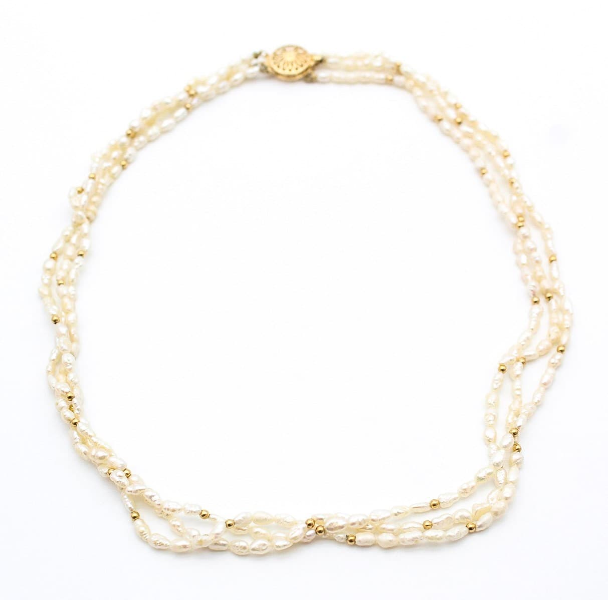 Vintage 14K Yellow Gold Triple-Strand Freshwater Rice Pearl Necklace - Thumbnail 9