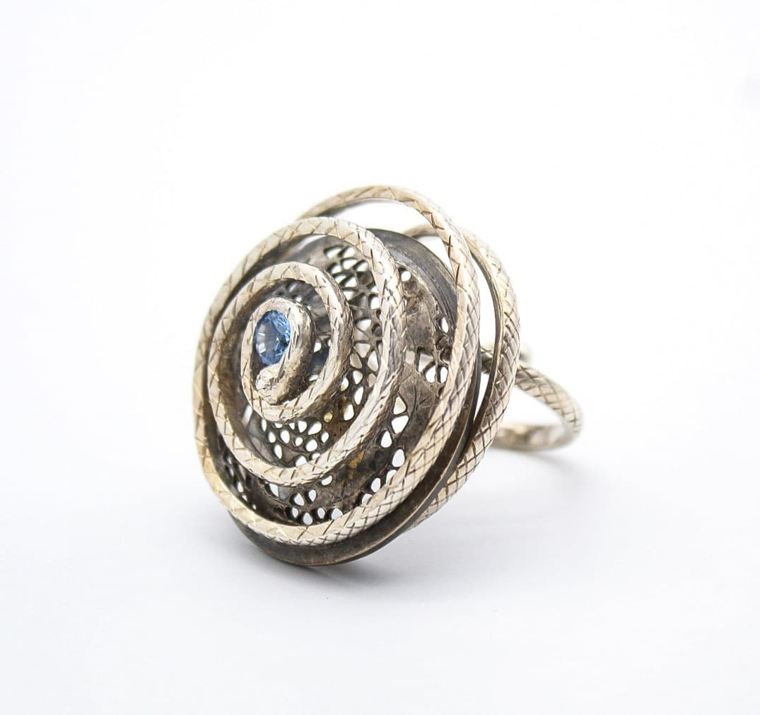 Vintage 925 Sterling Blue Sapphire Crystal Snake Spiral Vortex Ring Size 7 - Thumbnail 8