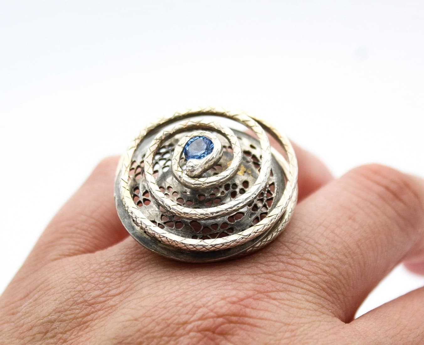 Vintage 925 Sterling Blue Sapphire Crystal Snake Spiral Vortex Ring Size 7 - Thumbnail 5