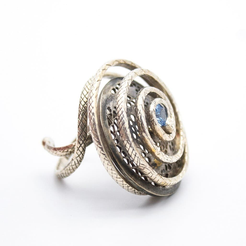 Vintage 925 Sterling Blue Sapphire Crystal Snake Spiral Vortex Ring Size 7 - Thumbnail 3