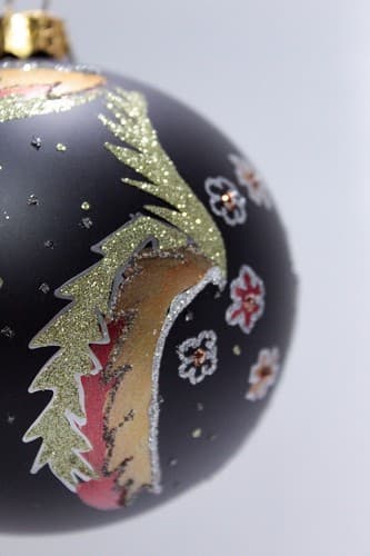 Vtg Hand Decorated Black Glittered Floral Large Glass Ball Christmas Ornament - Thumbnail 4