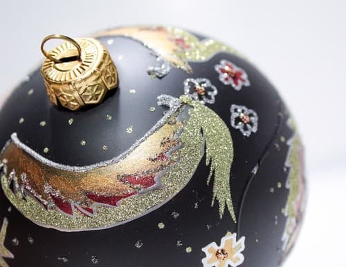 Vtg Hand Decorated Black Glittered Floral Large Glass Ball Christmas Ornament - Thumbnail 8