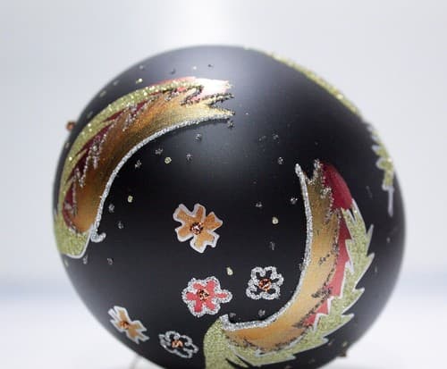 Vtg Hand Decorated Black Glittered Floral Large Glass Ball Christmas Ornament - Thumbnail 5