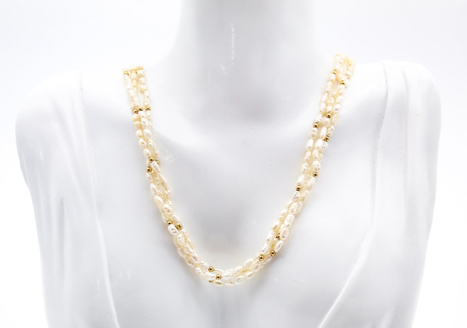 Vintage 14K Yellow Gold Triple-Strand Freshwater Rice Pearl Necklace - Thumbnail 2