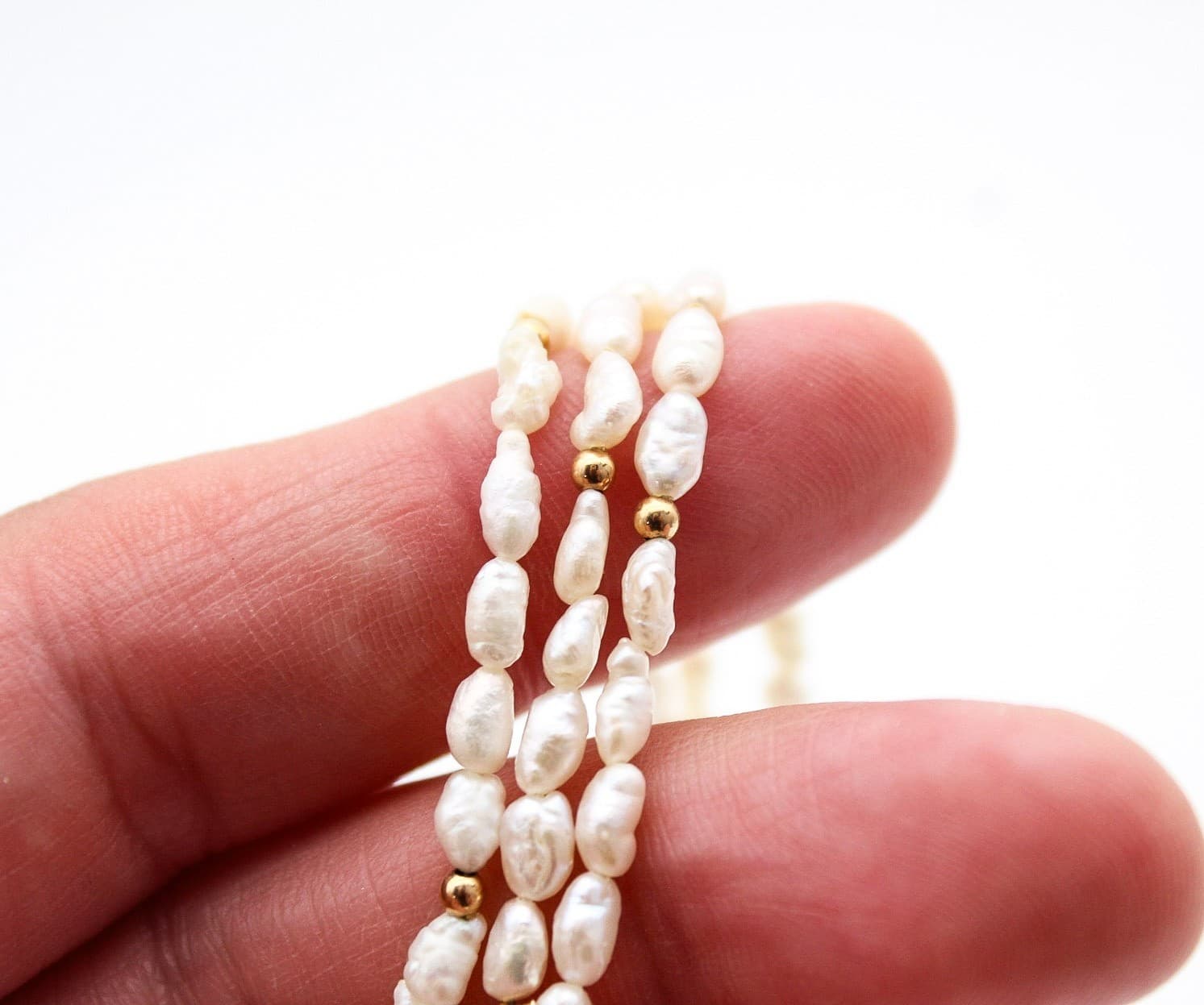 Vintage 14K Yellow Gold Triple-Strand Freshwater Rice Pearl Necklace - Thumbnail 8