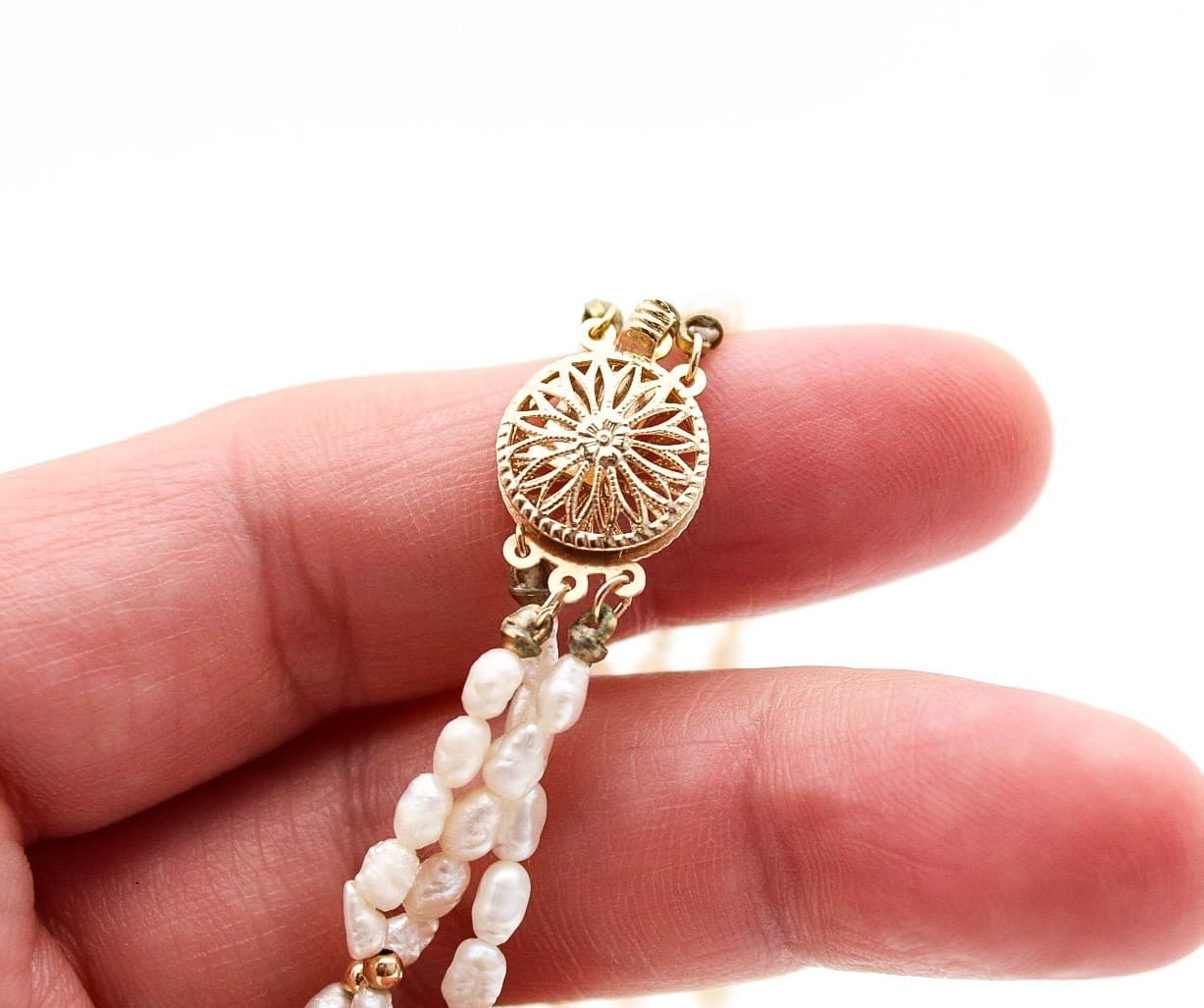 Vintage 14K Yellow Gold Triple-Strand Freshwater Rice Pearl Necklace - Thumbnail 3
