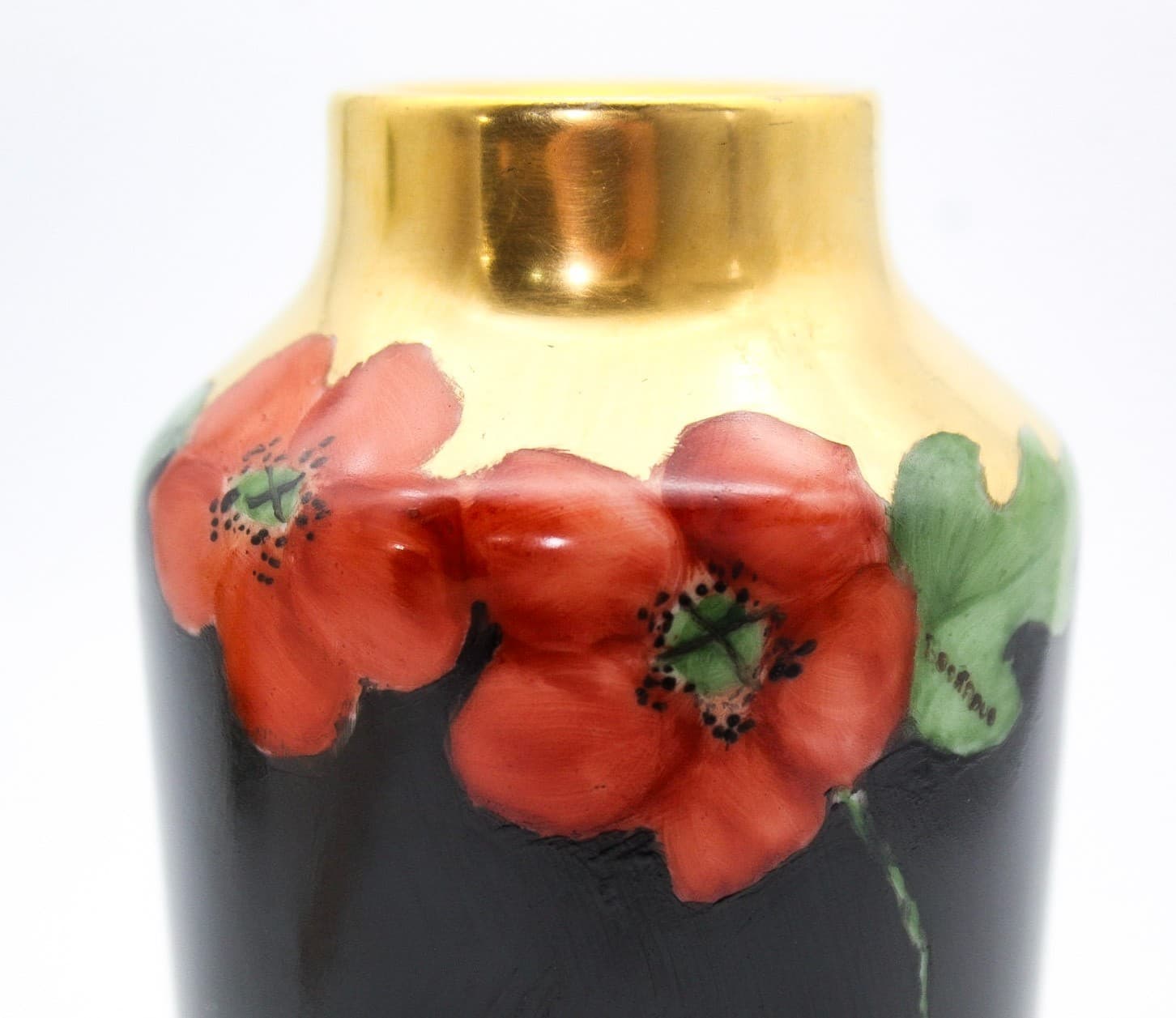 Vintage France Art Nouveau Hand-Painted Floral Gold Gilt Porcelain Vase - Thumbnail 2
