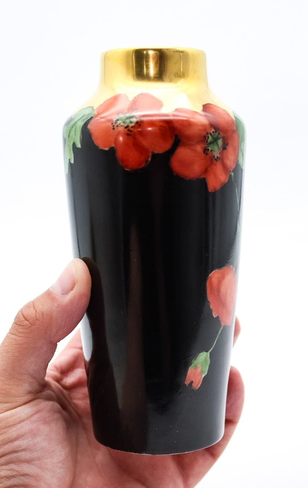 Vintage France Art Nouveau Hand-Painted Floral Gold Gilt Porcelain Vase - Thumbnail 9