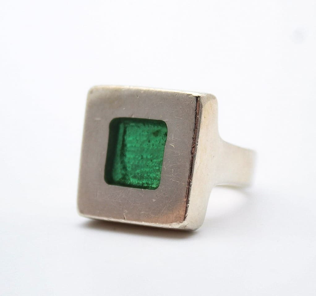 Dinosaur Designs Modernist 925 Sterling Silver Squared Green Glass Ring Size 6.5 - Thumbnail 8