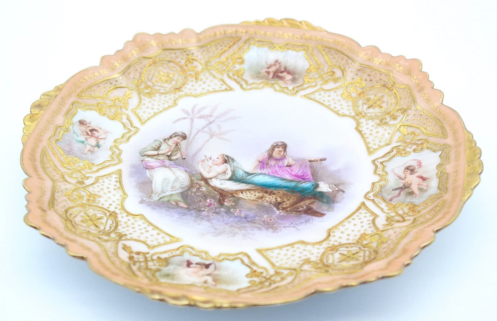 Antique Sevres Limoges France Hand Painted Signed Romantic Scenic Jeweled Plate - Thumbnail 6