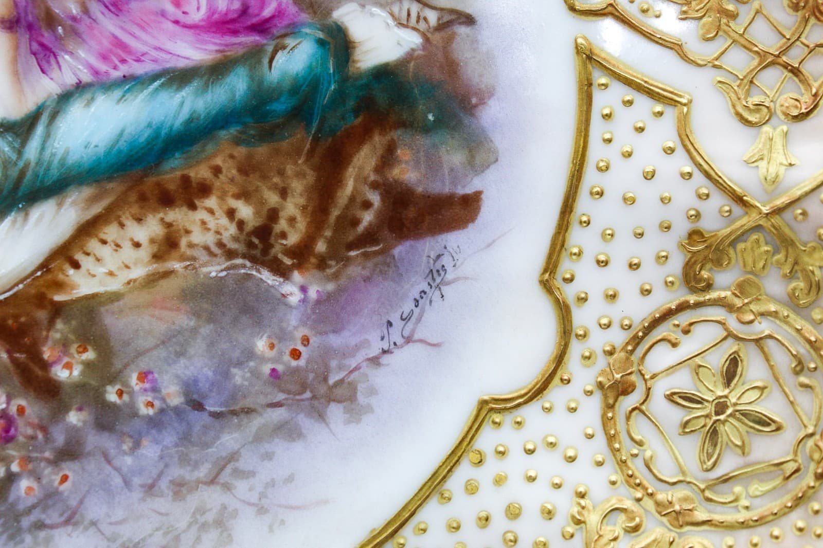 Antique Sevres Limoges France Hand Painted Signed Romantic Scenic Jeweled Plate - Thumbnail 10