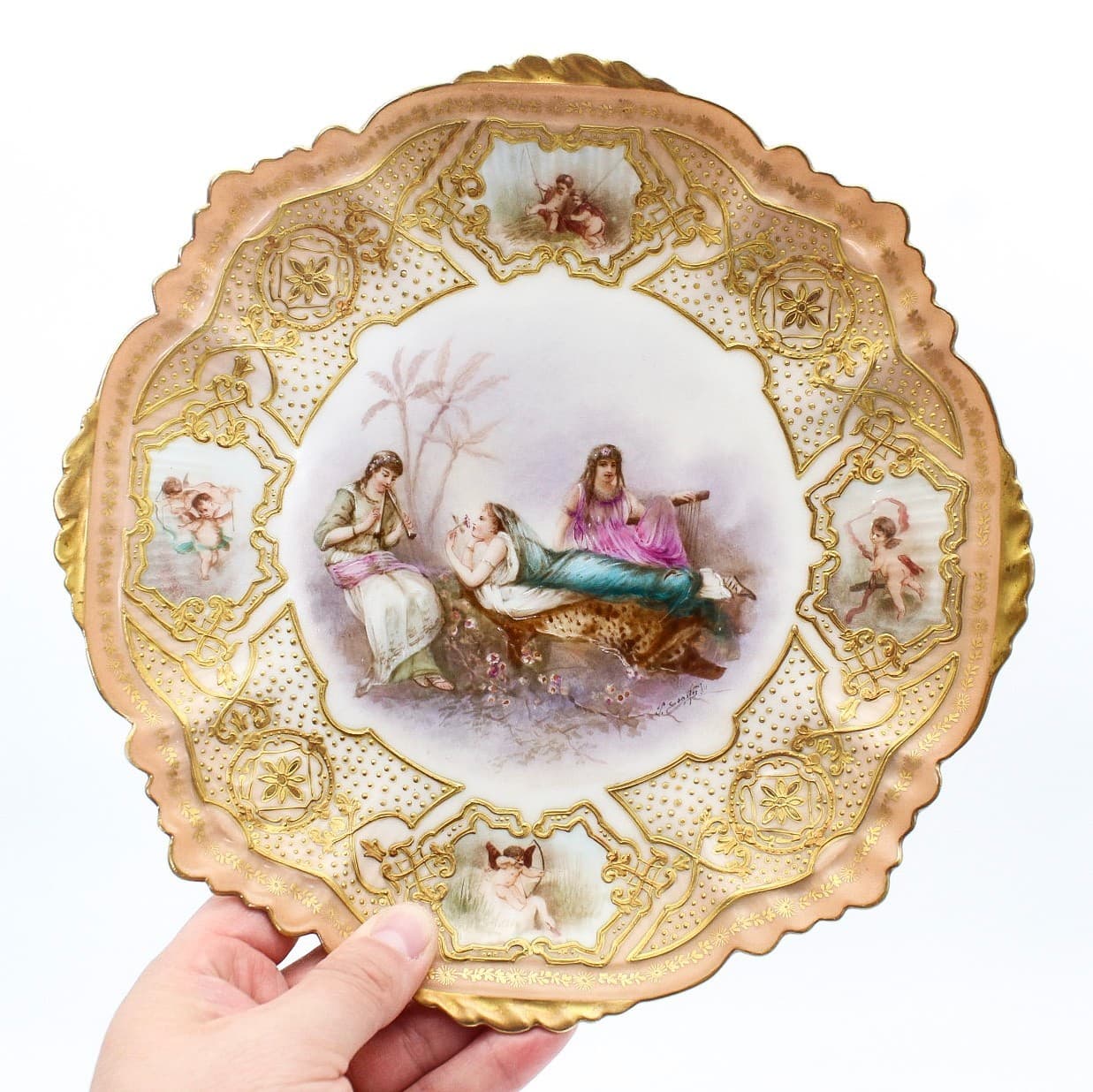 Antique Sevres Limoges France Hand Painted Signed Romantic Scenic Jeweled Plate - Thumbnail 2