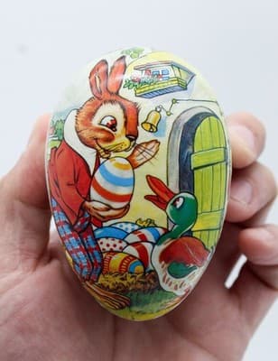 Echt Erzgebirge Germany Paper Mache Easter Bunny & Duck Egg Candy Container - Thumbnail 2