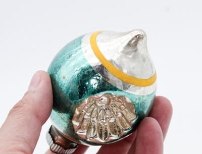 Shiny Brite Teardrop Double Reflector Teal & Yellow Stripe Glass Ornament - Thumbnail 4