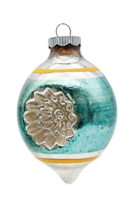 Shiny Brite Teardrop Double Reflector Teal & Yellow Stripe Glass Ornament - Image 1