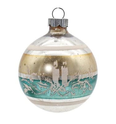 Shiny Brite Vintage Stencil Candles Silvered Beige Blue Glass Christmas Ornament - Image 1