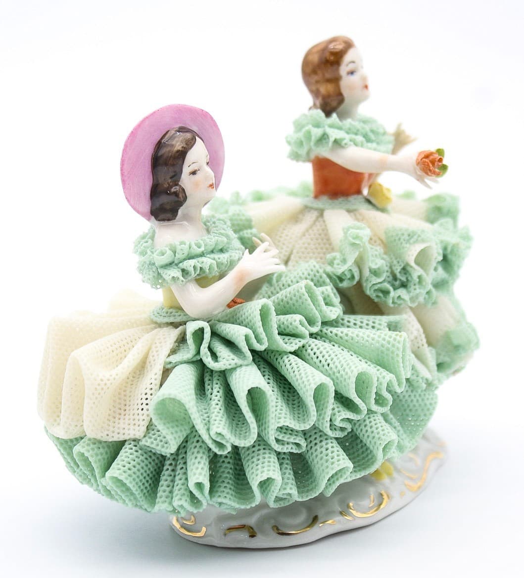 Dresden Dancing Twins Germany Vintage Hand Painted Laced Porcelain Figurine 4" - Thumbnail 3