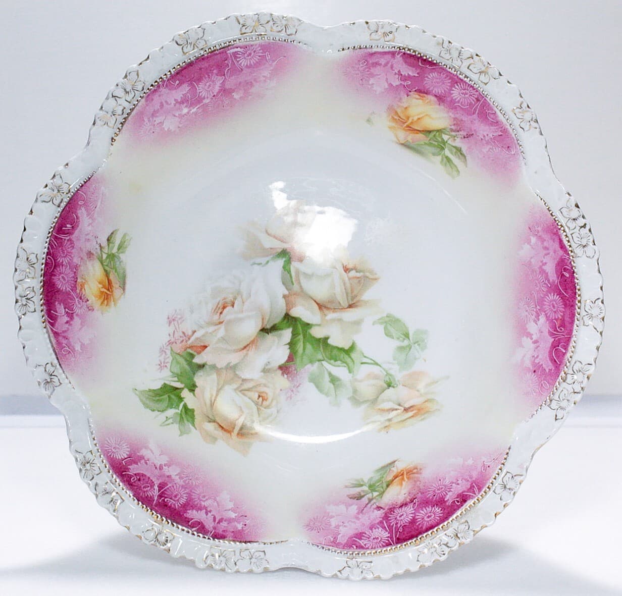 RS PRUSSIA Antique Yellow Roses Large Serving Porcelain Ornate Bowl 11" - Thumbnail 10