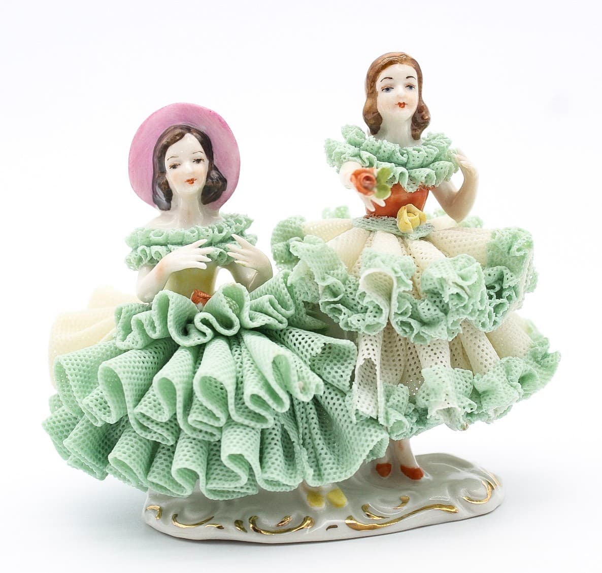 Dresden Dancing Twins Germany Vintage Hand Painted Laced Porcelain Figurine 4" - Thumbnail 13