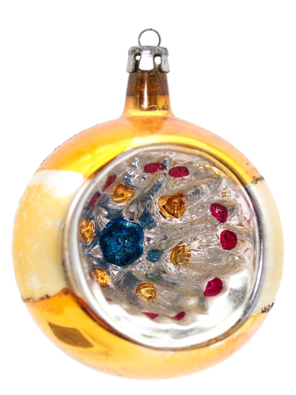 Vintage Poland Yellow Indent Reflector Mica Round Glass Christmas Ornament - Image 1